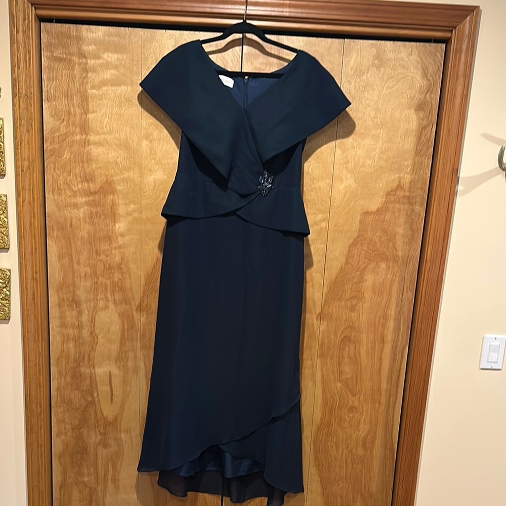 JJs House Blue High Low Gown with Cowl Neck and Cap Sleeves